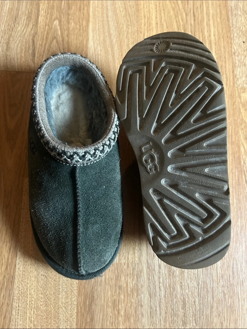 UGG Kids Dark Green Suede Slip-On Slippers with Braided Trim